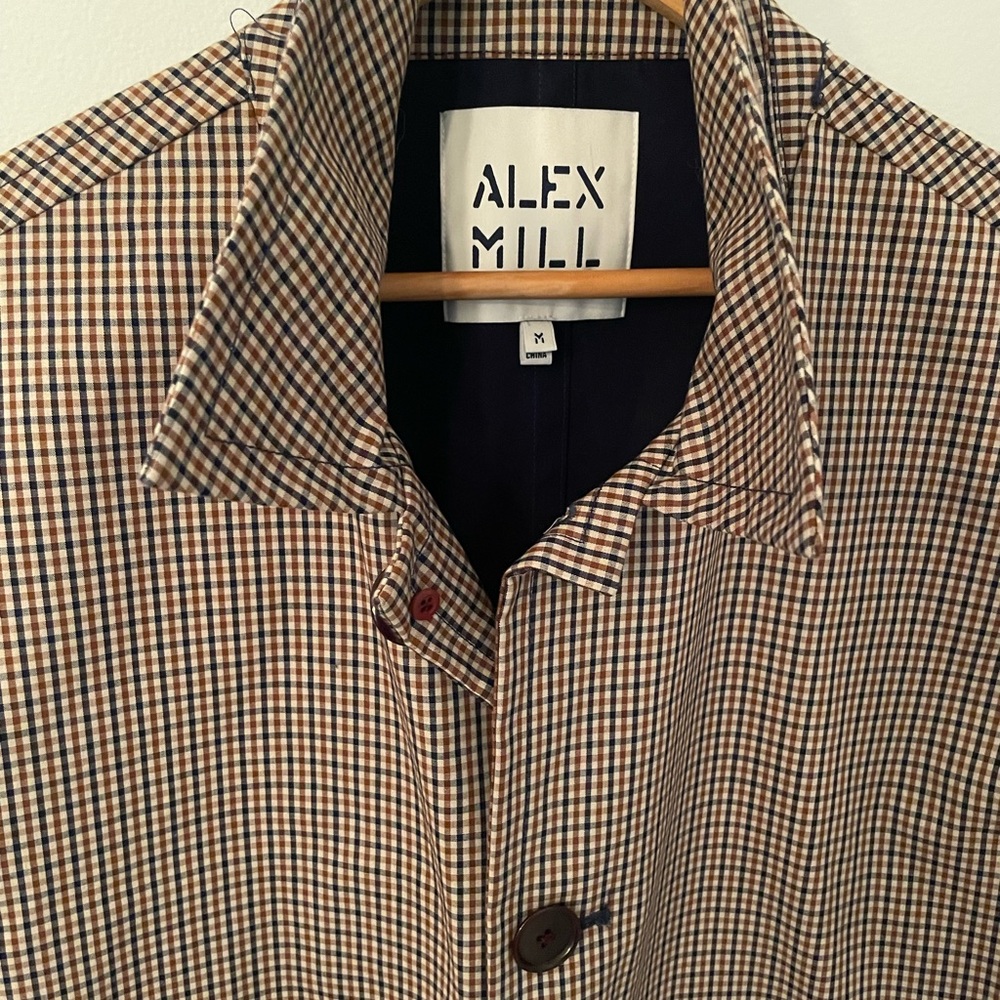 Alex Mill Lightweight Balmacaan Raincoat - Medium, Brown/Navy Checked